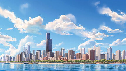 Wall Mural - A city skyline with a large building in the middle.
