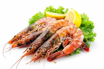 Wall Mural - Tiger prawns with lettuce and lemon on a white background