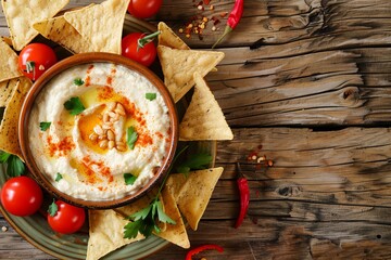 Sticker - Top view of a wooden table with nachos and tasty hummus