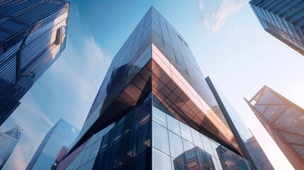 High-rise modern office building in the city, featuring reflective glass windows and a blue sky background, reflecting urban architecture and construction in London