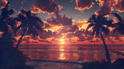 Palm Trees Silhouetted Against a Vibrant Sunset Illustration