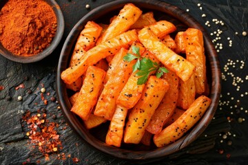 Poster - Top view of popular spicy masala tapioca chips with Indian tea a delicious snack food enjoyed in Kerala India