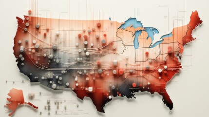 Wall Mural - 3d render of an abstract map of the usa showing population density, connections and data