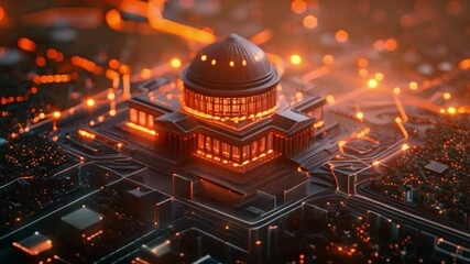 Poster - This digital illustration depicting a modern government building illuminated with bright lights.