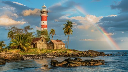 Wall Mural - A lighthouse is on a rocky shoreline with a palm tree in the foreground. Generate AI image