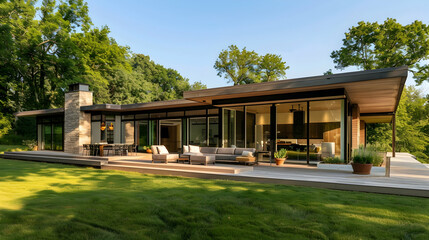 A contemporary ranch home with an open floor plan, minimalist design, and a large deck, set in a tranquil rural setting