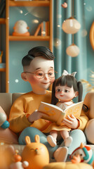 Wall Mural - father and child reading a book at home, Cartoon Effect