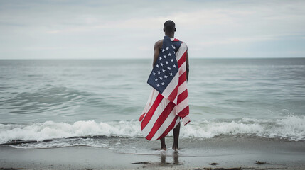 patriot on the beach with the american flag independence day