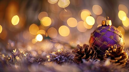 Canvas Print - Close up of purple ornament and gold pine cone with blurred Christmas lights backdrop space for text