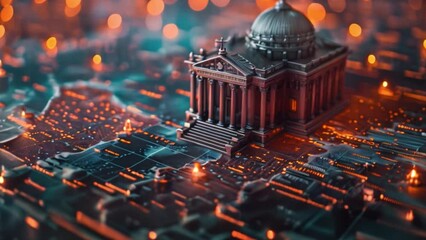 Poster - This miniature government building sits atop a circuit board map, illuminated by orange lights.