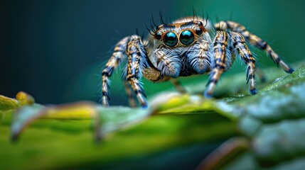 Sticker - Jumping spider photographed up close on a green leaf