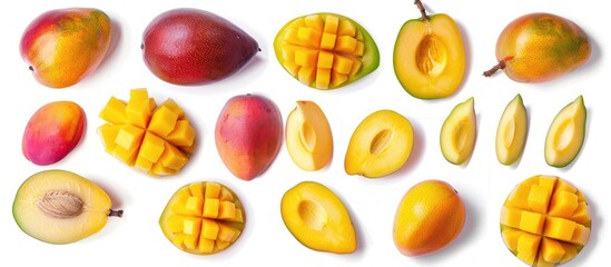 Wall Mural - Mango fruits and slices showcased against a white backdrop, isolated with clipping path.