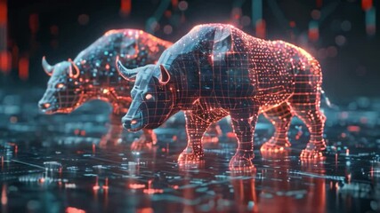 Poster - This Two glowing bull figures stand on a digital circuit board.