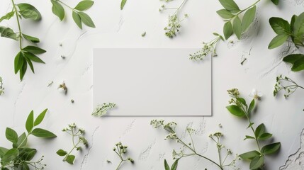 Flat lay of postcard with white background and weeds