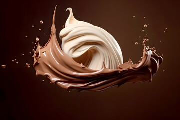 Close-up of Liquid Chocolate Syrup Crown Splash With Milk and Ripples With Pour Stream Isolated on Dark White Background