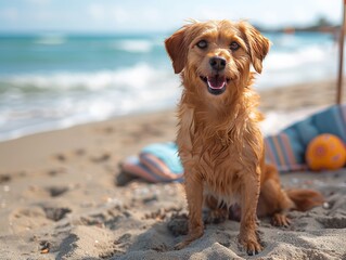 Wall Mural - A happy Golden Retriever dog having fun at the beach with toys.