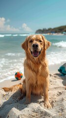 Wall Mural - A happy Golden Retriever dog having fun at the beach with toys.