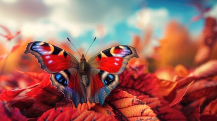 Sticker - Colorful peacock butterfly on crimson leaves with sky backdrop in fall setting