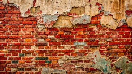 Wall Mural - Aged, weathered wall with peeling red paint exposing rustic brickwork, revealing intricate patterns and worn, decaying surface textures.