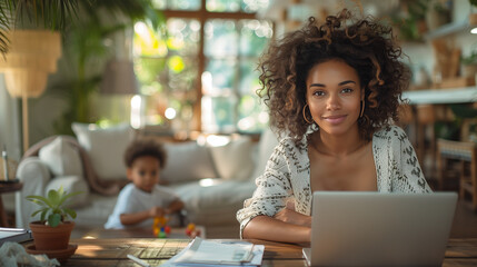 Wall Mural - woman using laptop in at home with child