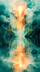 Wall Mural - a painting of a mountain range with a waterfall