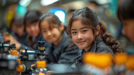 Wall Mural - Students with microscope in laboratory