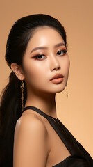 Beauty face. Woman with natural makeup and healthy skin portrait. Beautiful asian girl model touching fresh glowing hydrated facial skin on beige background closeup. Skin care concept 