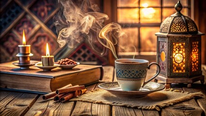 Wall Mural - Soothing ambiance of cozy home interior with Arabic calligraphy decor and steaming cup on a rustic wooden table setting.