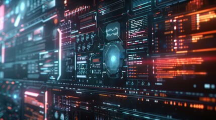 Futuristic Technology Abstract Background. Digital Interface with Glowing Code, Data Processing, and Analysis. Perfect for tech, coding, cybersecurity, and programming themes.