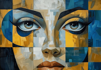 Sticker - Cubist Woman Portrait with Eye Patch in Art Deco Style. Geometric Shapes Oil Painting. Blue Yellow Beige Colors. Abstract Modern Art Canvas