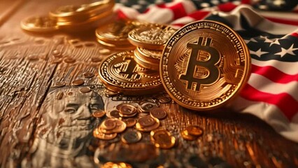 Fototapete - This gold Bitcoin coin on a wooden surface with a US flag.