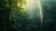 © AbsoluteAI - A lush, misty forest with a vibrant rainbow cutting through the trees, showcasing the serene beauty of nature.
