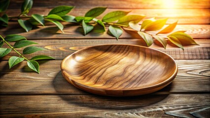 Wall Mural - Natural rustic wooden plate on worn wooden table against soft light background with leaves casting gentle shadows on wall.