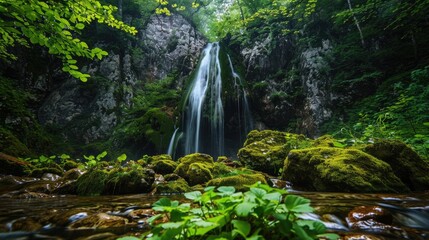 A hidden waterfall in a secluded forest, surrounded by moss-covered rocks and vibrant green foliage