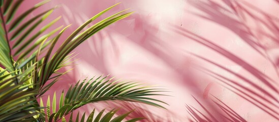 Sticker - Engaging and Natural Title: Vibrant Summer Tropical Scene with Sunlit Palm Leaves and Pastel Pink Wall for Text Placement