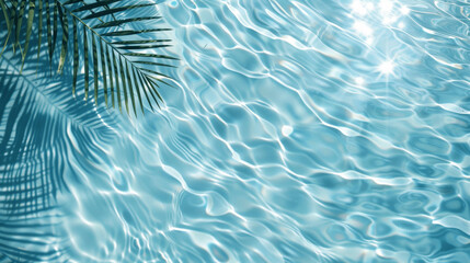 Wall Mural - Transparent Blue Water with Palm Leaf Shadow Top View Summer Concept
