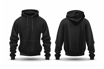 Black hoodie template, front and back view, isolated on white background. 