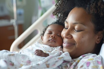 African mother with newborn baby in hospital bed.