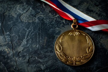 Gold medal with ribbon on black background.