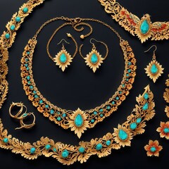 Wall Mural - Gold Jewelry Set with Turquoise Stones.