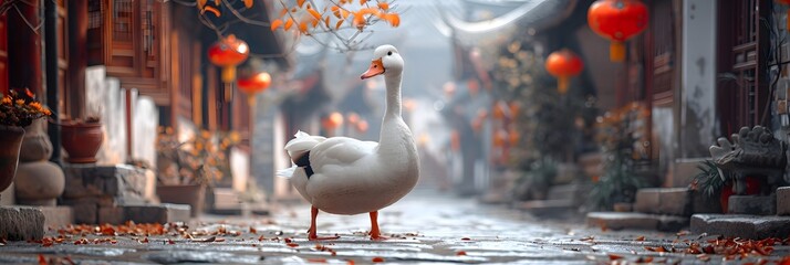 A plump Peking duck with pristine white feathers, walking along a stone path in a traditional Chinese village, with wooden houses featuring typical architecture and red lanterns hanging along the stre