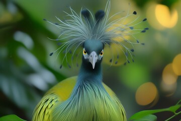 Strange colorful bird with a long tail and fluffy feathers.