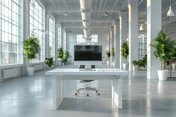 Poster - interior of a white office with Computer and desk