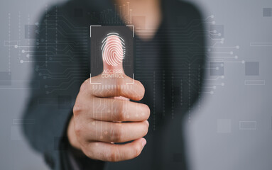 Leinwandbilder - Biometric cyber security system and access control concept. Businessman access security personal financial data on scan fingerprint identification, Cybersecurity and privacy to protect data.