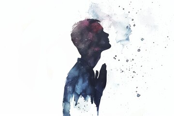 Wall Mural - Watercolor painting of an abstract silhouette of a man praying God.