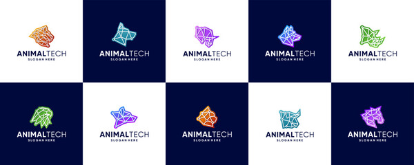 Wall Mural - collection of abstract animal tech logos, dot connections, electrical circuits, graphic design logos.