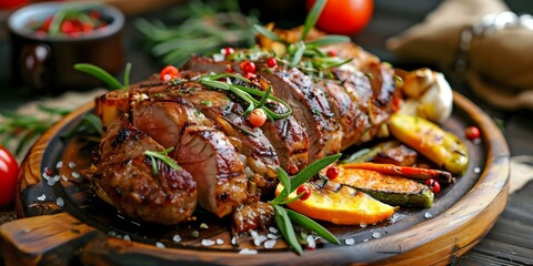 Sticker - Closeup of a stylish dish with meat and vegetables at a celebration. Concept Food Photography, Stylish Dish, Celebration, Closeup Shot, Meat and Vegetables