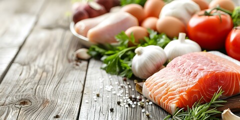 Wall Mural - Closeup of balanced diet ingredients on wooden table for cooking. Concept Healthy Eating, Balanced Diet, Food Photography, Cooking Ingredients, Wooden Table