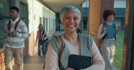 Wall Mural - Smile, high school and portrait of teacher on campus with folder for support in education, growth and child development. Happy, face and woman at learning academy with confidence, pride and career