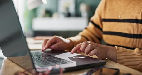 Poster - Remote work, woman and hands of copywriter in closeup with laptop for email, communication and research in home office. Female person, fingers and freelancer with computer for feedback on proposal